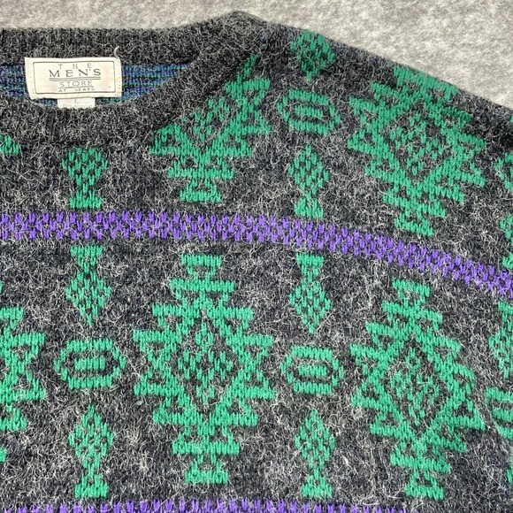 Vintage Sears The Men's Store Crew Neck Sweater Sz Large Green Geometric 90s USA - Picture 2 of 8